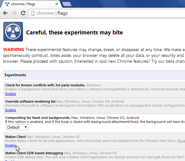 Screenshot von der chrome:flags Seite.