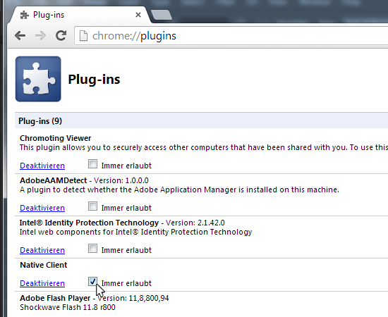Screenshot von der about:plugins Seite.